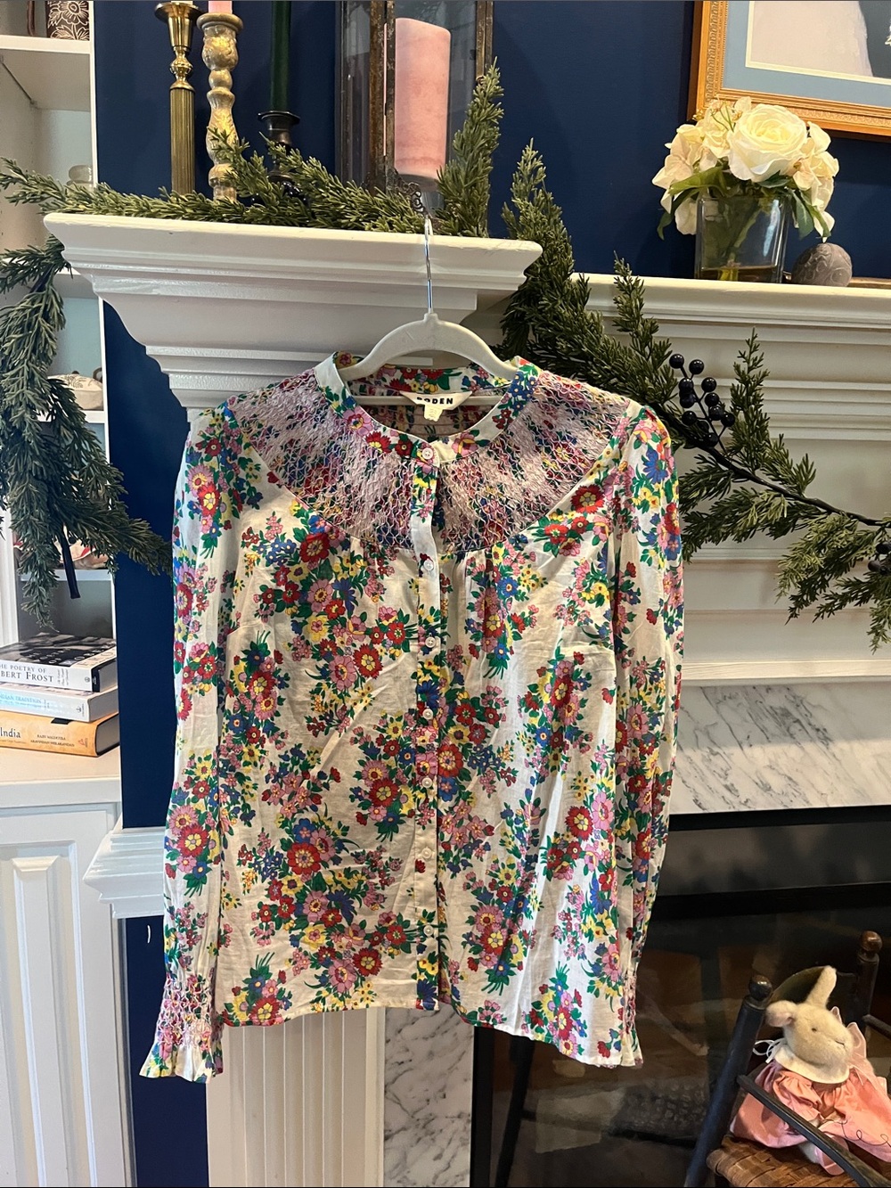 Boden Floral Button-Front Blouse in White, Pink, Green, Blue